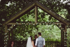 This is taken during an outdoor ceremony under the Oak Arbour. It is summer and the trees ae in ful leaf. The bride is on the left and the groom on the right.  The image is taken from the waist up with the Oak Arbour framing the shot.