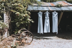3 bridesmaids dresses hanging in the old wood shed