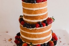 A close up shot of a naked sponge with 2 tiers each made up of 3 cream-filled layers. Each tier is decorated with berries.