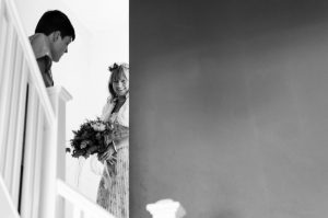 Bride coming down the stairs - The Green Cornwall